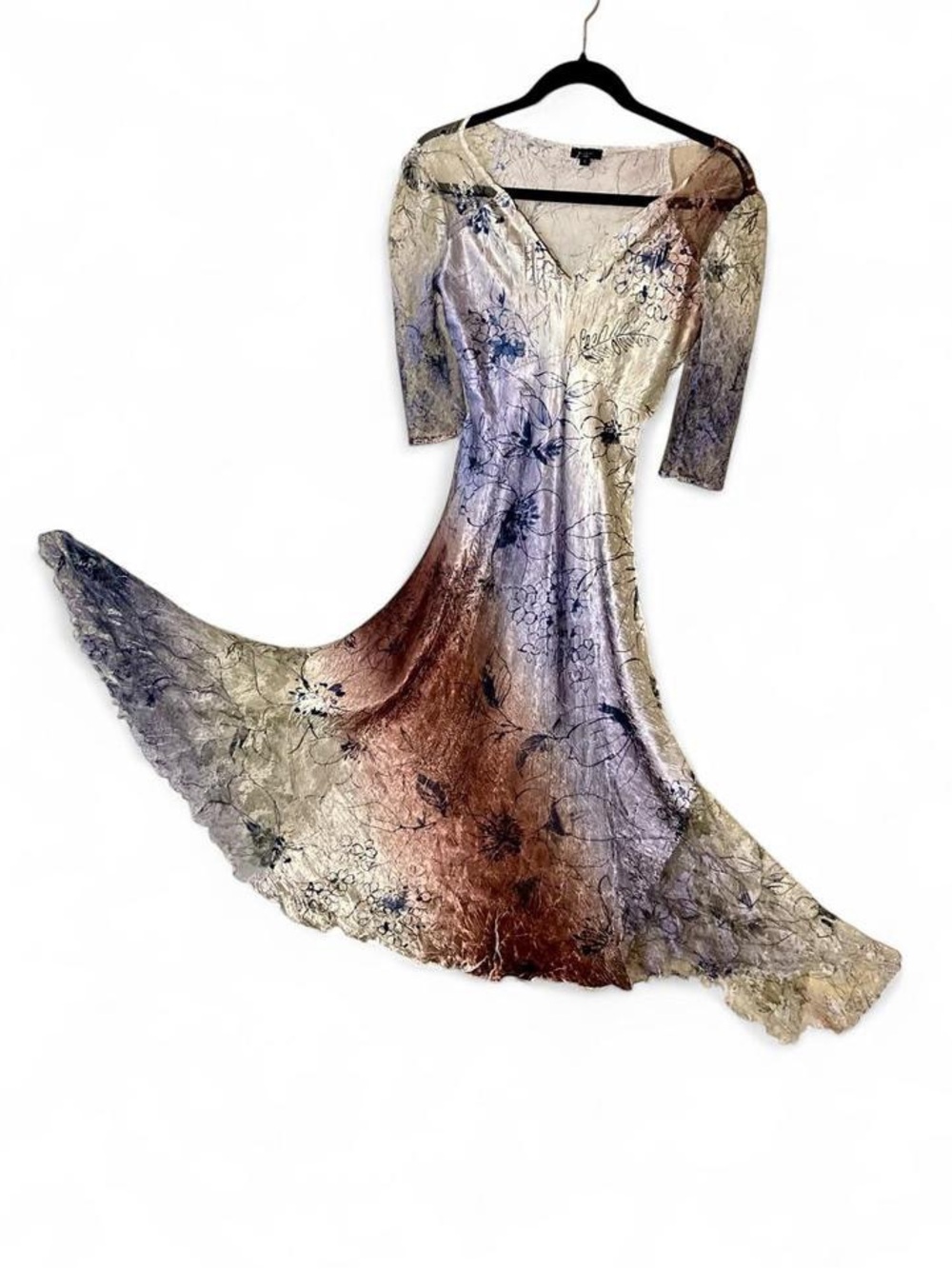 Komarov Crinkle Lace Floral V-Neck 3/4 Sleeve Maxi Dress - Cream, Brown, Blue.
